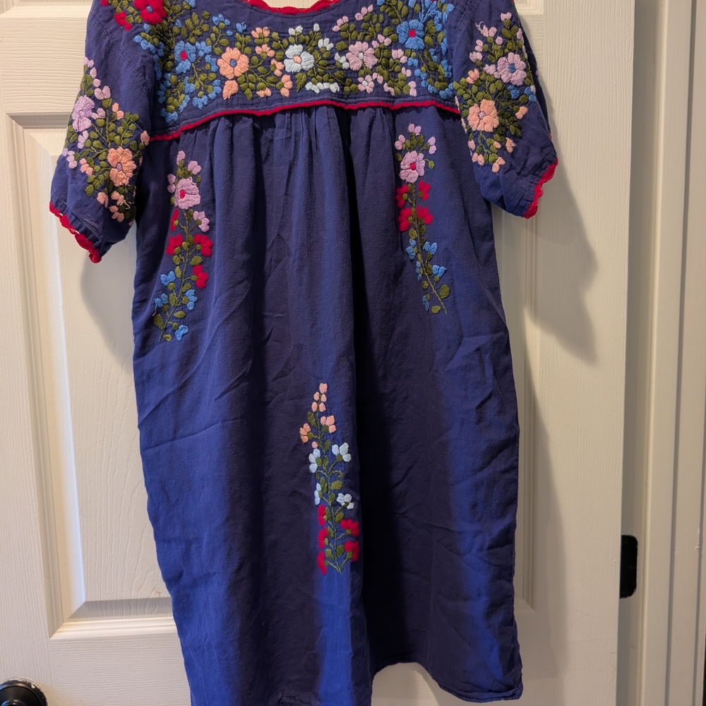 Vintage Women's Navy Embroidered Floral Dress - Unbranded